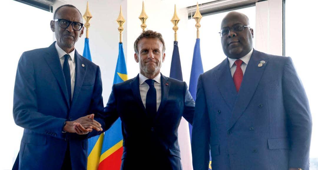 Présidents Paul Kagame, Felix Tshisekedi et Emmanuel Macron. Photo crédit tiers
