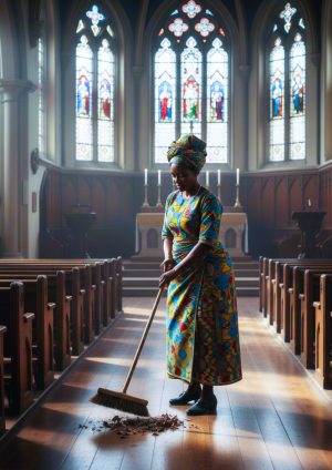Photo d'une femme en plein travail d'entretien dans l'Eglise