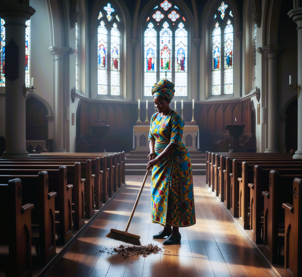 Photo d'une femme en plein travail d'entretien dans l'Eglise